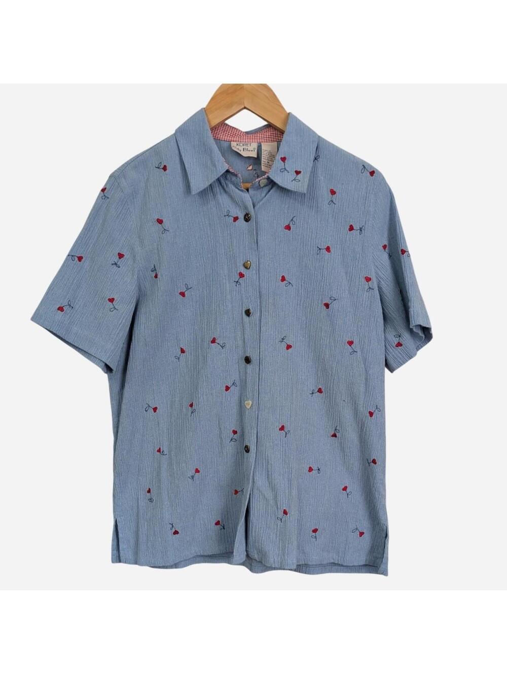 1980s Koret City Blues Baby Blue Heart Embroidered Crinkle Cotton Blouse Medium